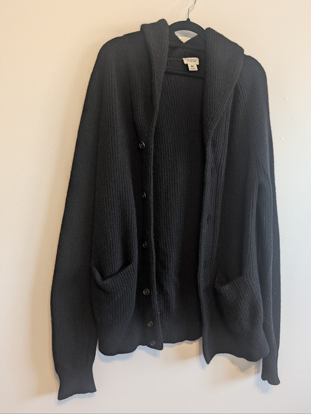 Men's Club Monaco Black Shawl Collar Button-Front Cardigan Sweater Italian Wool
